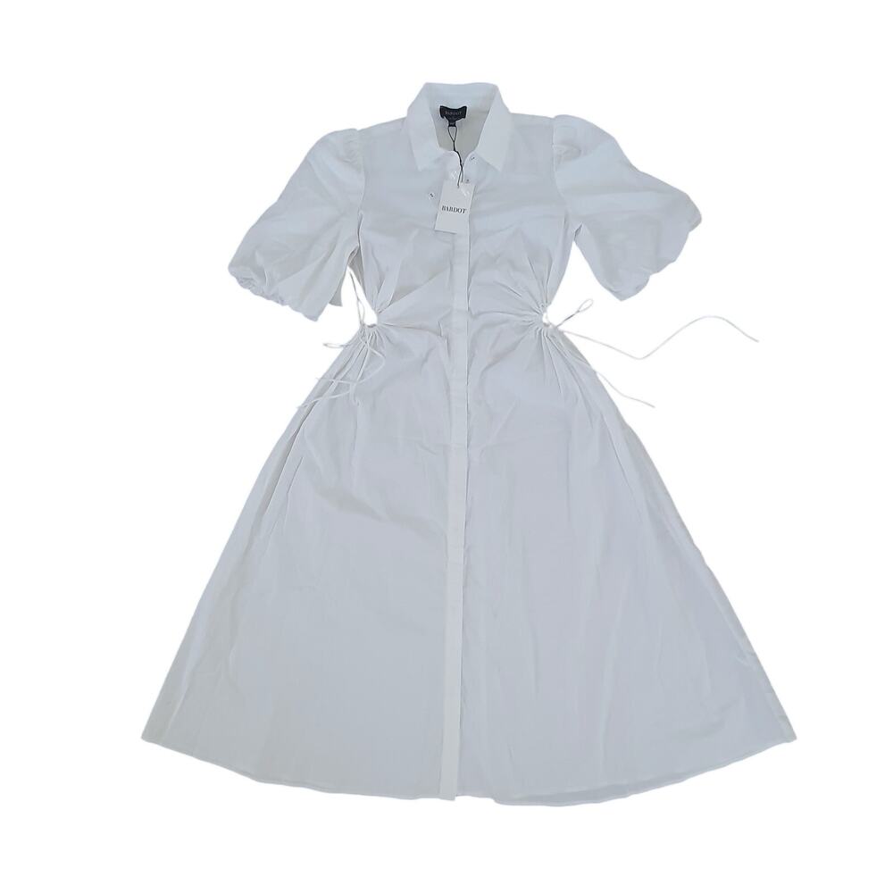 Bardot Midi Shirt Dress Women Size 2 White Puff Sleeves Cut Out Tie Formal FLAWS